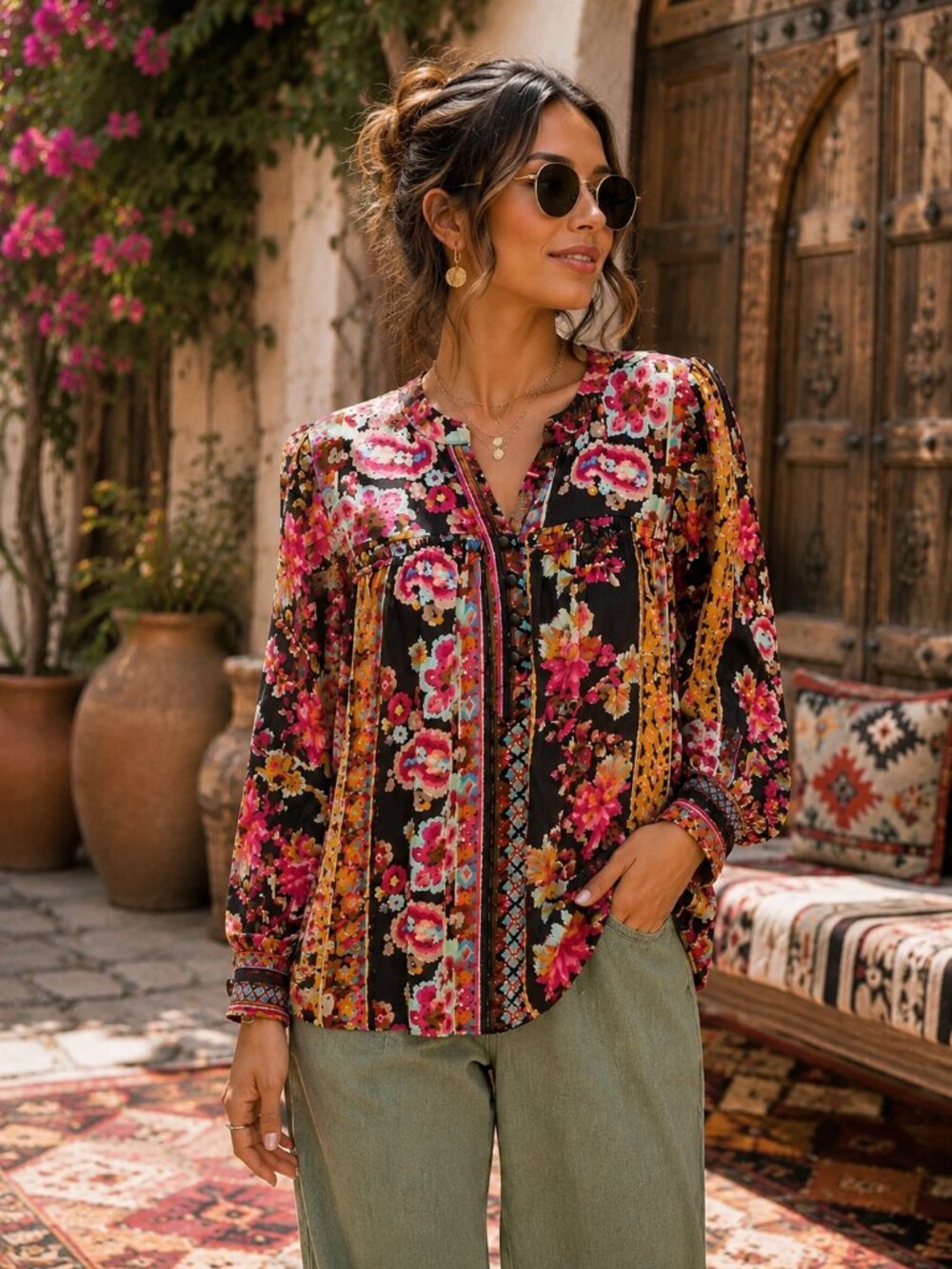 Floral Button-Front Peasant Blouse in Black and Pink, size L